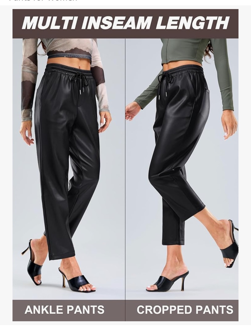 Faux Leather Cropped Ankle Durable Adjustable Drawstring Straight Leg Pants - Picture 2 of 7